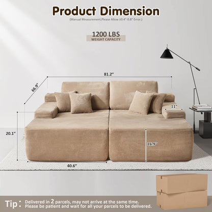 ovios 81" Oversized Sectional Double Lounge Chaise with Cloud Plush Sofa Bed, No Assembly Required, Fluffy Modern Sleeper Loveseat Chair for Indoor Living Room Bedroom Reading, Camel (Corduroy Fabric)