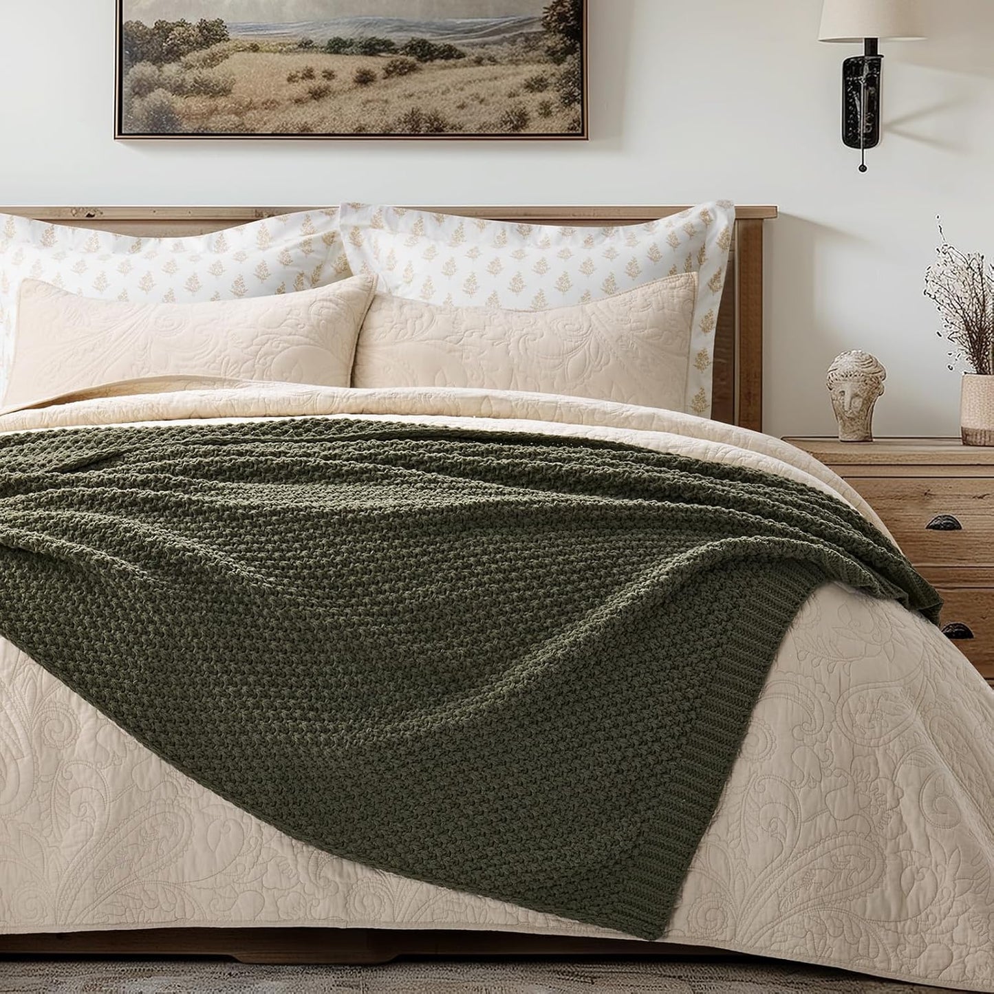 Chunky Chenille Knit Throw Blanket for Couch, Soft Luxurious Moss Stitch Blankets for Bed, Cozy Decorative Farmhouse Knitted Throws for Sofa, Olive Green, 50" x 60"