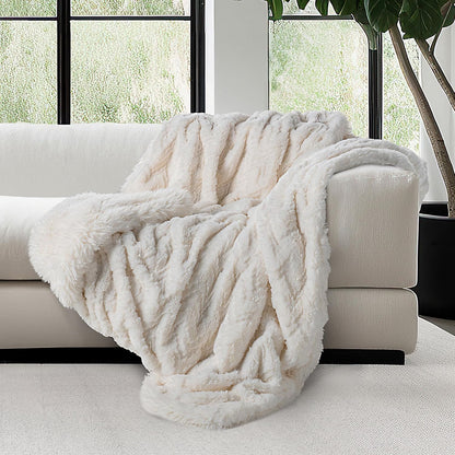 Mon Chateau Premium Reversible Queen Size Luxury Faux Fur Throw for Couch, Sofa, or Queen Size Bed - Plush Cozy Soft Blanket for Sleeping or Home Décor, 60" x 70" (Ivory Jacquard)