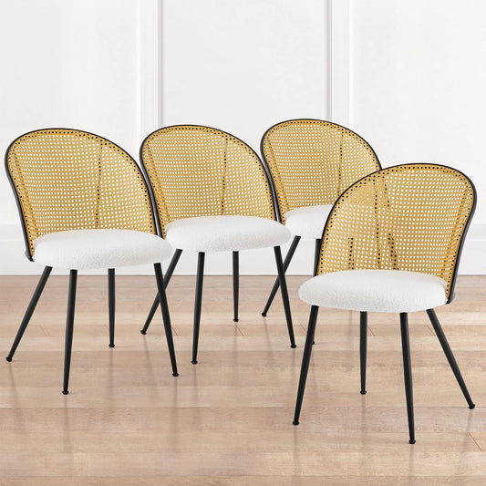 Rattan Dining Chairs Set of 4, Mid-Century Modern Kitchen Dining Room Chairs with Full Cane Backrest Armless Upholstered Farmhouse Boucle Dining Chairs with Metal Leqs for Dining Room, White