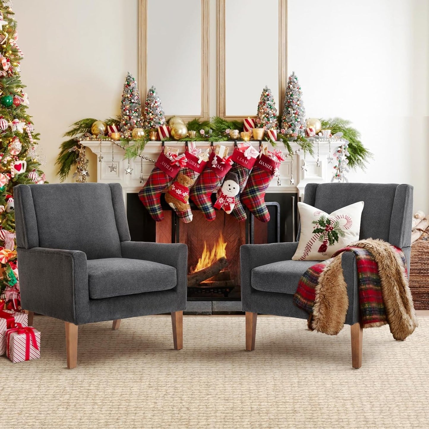 COLAMY Modern Wingback Living Room Chair Set of 2, Upholstered Fabric Accent Armchair, Single Sofa Chair with Lounge Seat and Wood Legs for Bedroom/Office/Reading Spaces, Gery