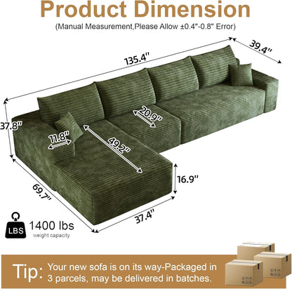 108" Sectional Couches for Living Room Modern Modular Sofa with L-Shape Couchs Upholstered Boneless Couch Deep Seat Sectional Couch with Chaise (Green, Left Facing Chaise+3Seaters)
