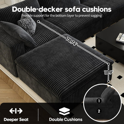 118" Cloud Couch Modular Sectional Sofa for Living Room,Modern Sofa with Deep Seat，U-Shape Boneless Couch with 2 Ottoman,Comfy Upholstered Corduroy Couches for Apartment, Studio, Office,Bedroom，Black