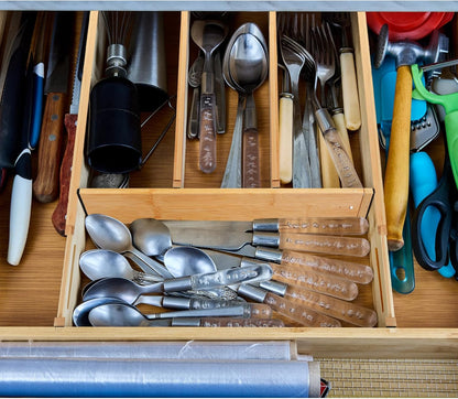 7 Pcs Adjustable Bamboo Drawer Dividers Expandable Drawer Organizers Cutlery Tray Spring Separators Organization for Kitchen Bedroom Bathroom Dresser Office