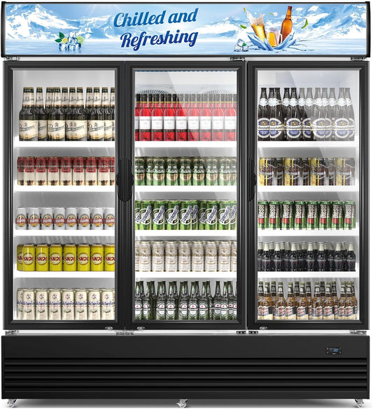 Tylza Commercial Refrigerator, Three Glass Door Display Beverage Fridge, 59.06 Cu Ft Upright Beverage Cooler Merchandiser with Replaceable Advertising Light Board, Rebound Door, Fast Cooling