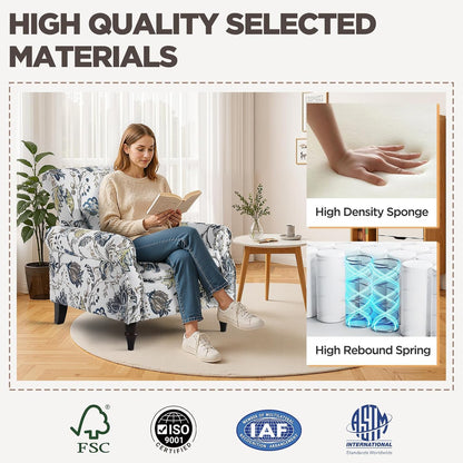 Wingback Accent Chair with Removable Pillow, High Back Floral Armchair with Solid Wood Legs & Nailhead Trim, Comfy Upholstered Reading Single Sofa Chair for Bedroom (1, Blue Floral Pattern)