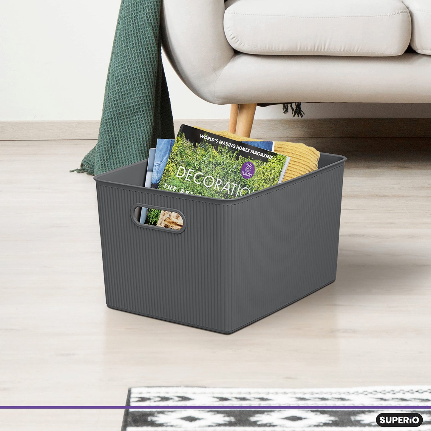 Superio Decorative Plastic Basket Open Home Storage Bins Organizer Baskets, X-Large Grey (8 Pack)
