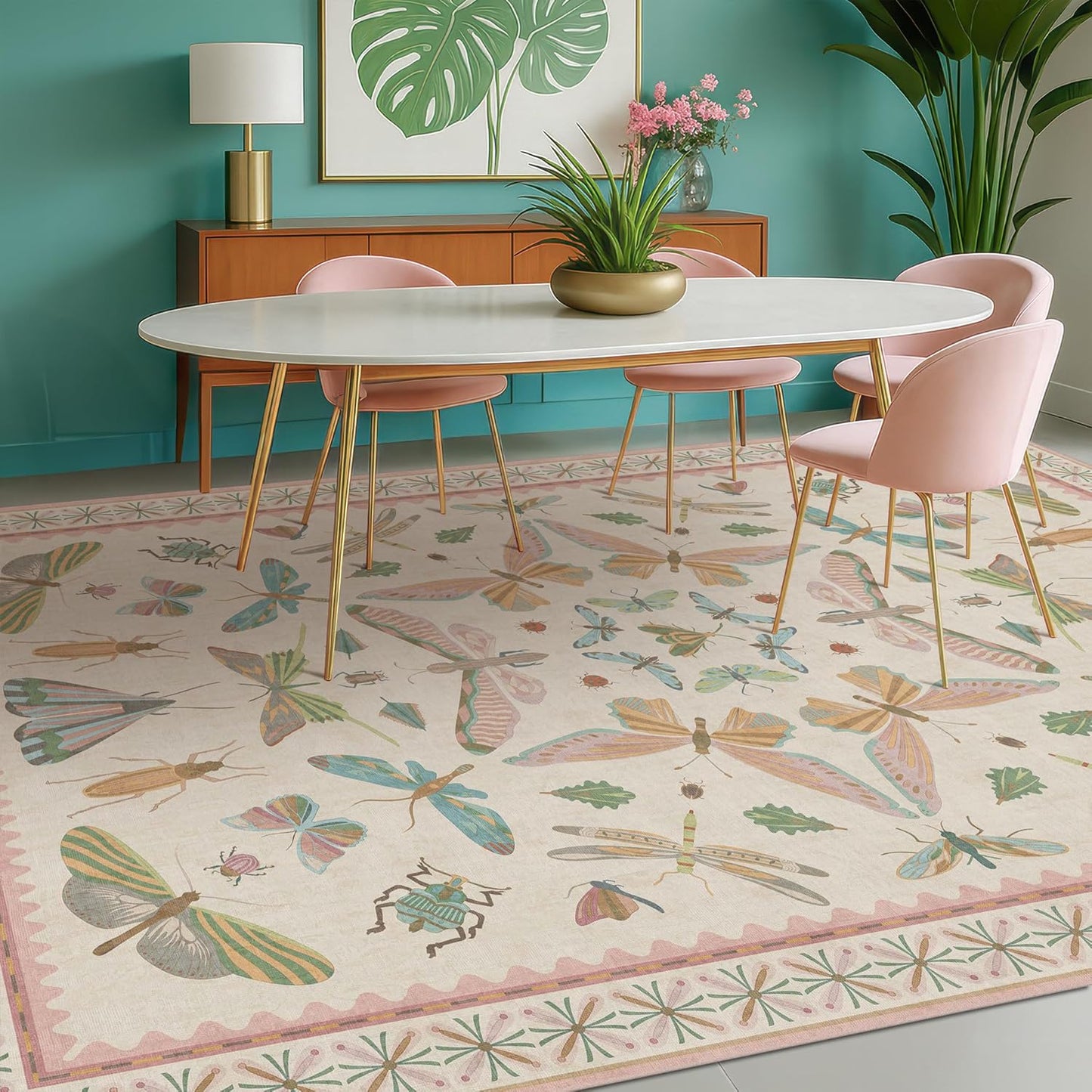 Cute Rugs for Bedroom Girls - Pink Living Room Rugs 8X10, Dining Room Table, Washable Pastel Flower Insect Print Whimsical Décor