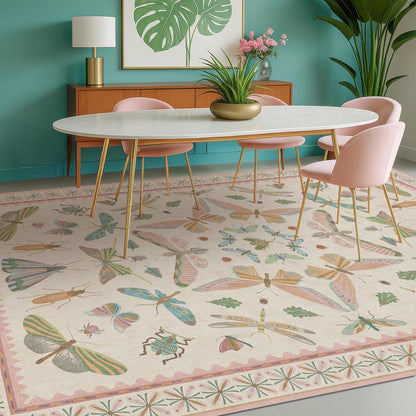 Cute Rugs for Bedroom Girls - Pink Living Room Rugs 8X10, Dining Room Table, Washable Pastel Flower Insect Print Whimsical Décor