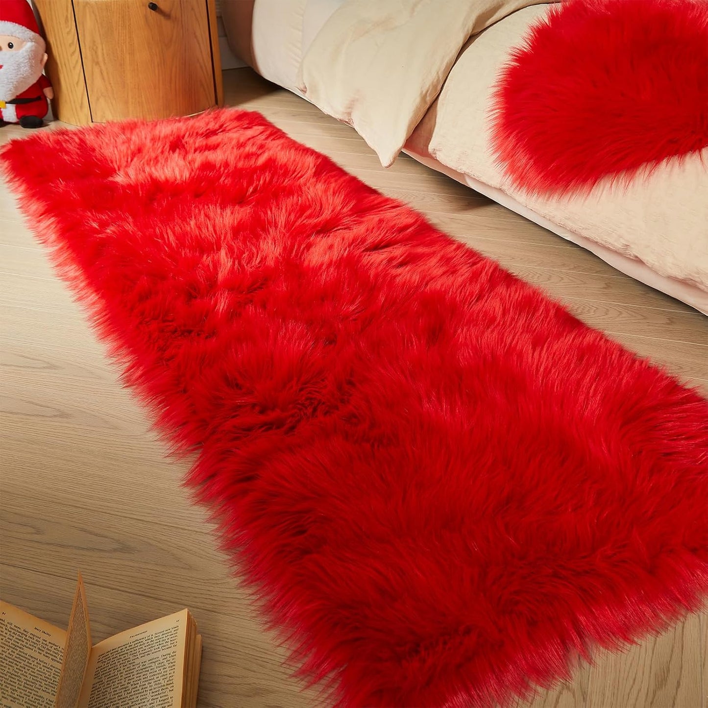 AMTOVO Faux Fur Rug, Red Ultra Soft Fluffy Shag Sheepskin Rug, 2 x 6 ft Runner Area Rugs for Bedroom Sofa Throw Cushion Room Decor, Rectangle