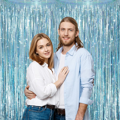 3 Pack 3.3 x 8.2 ft Laser Blue Foil Fringe Backdrop Curtains, Tinsel Streamers Party Decorations, Fringe Backdrop