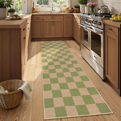 Lahome Checkered Entryway Runner Rug, 2x8 Green Washable Rug Runners for Hallway Non Slip, Farmhouse Indoor Outdoor Non Shedding Kitchen Mats for Floor Porch Balcony