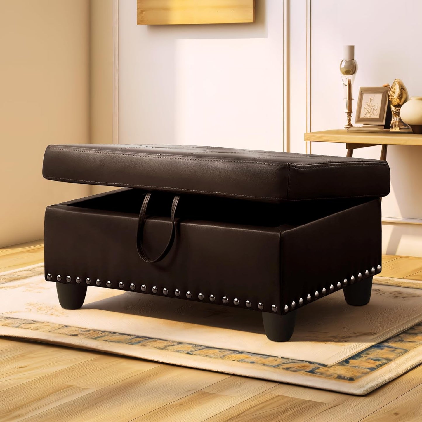 Ottoman Rectangular Storage Ottoman Bench, Faux Leather Footrest, Coffee Table, Stool Footstool with Hinged Lid for Living Room, Bedroom, Entryway, Brown, 28.5"x19"x17.5"