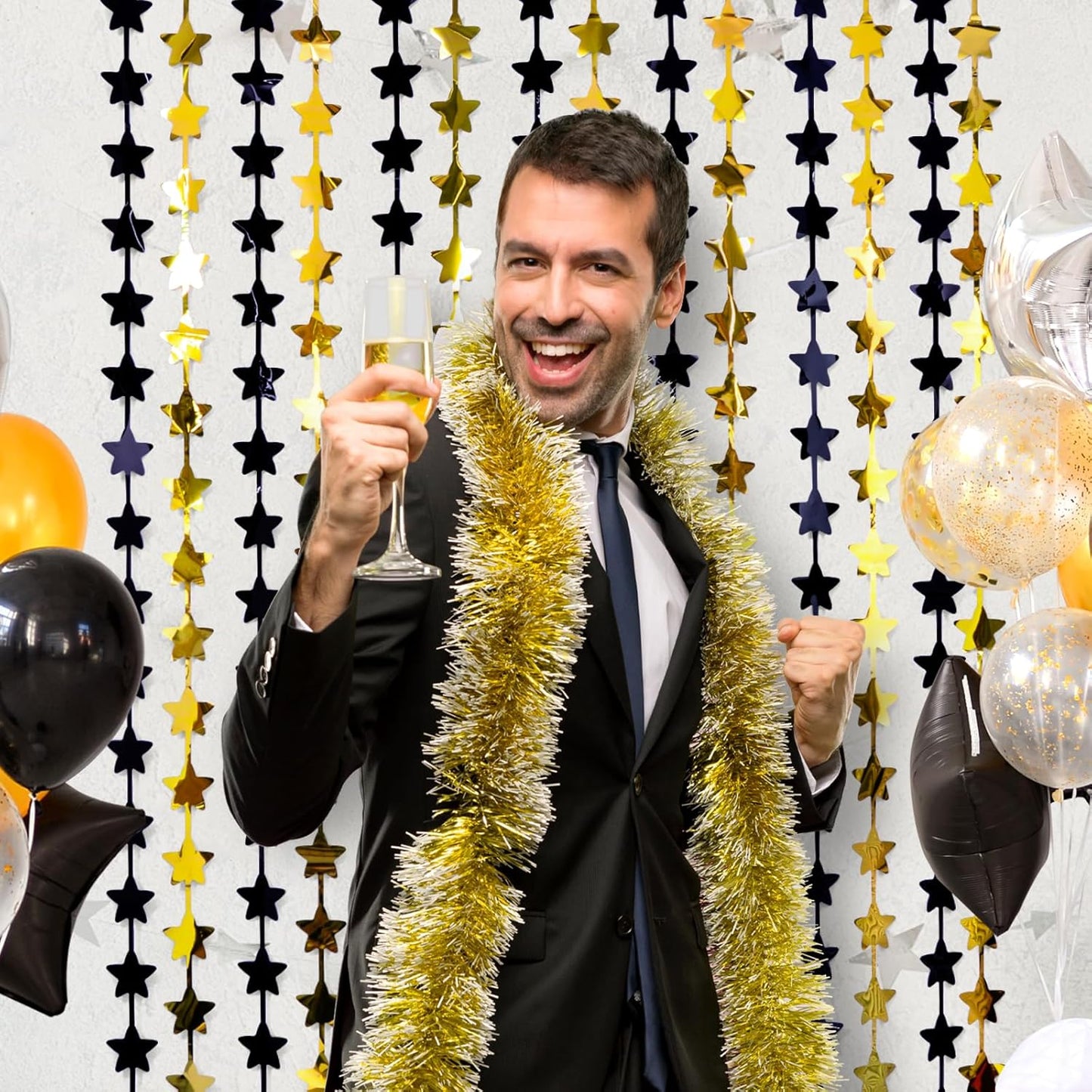 LOLStar Black and Gold Star Birthday Party Decorations 2Pack 3.3X6.6 ft Golden Photo Booth Props Backdrop Streamers Star Foil Fringe Curtains for Men 2025 Graduation Decors Black Yellow Party Supplies