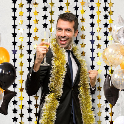 LOLStar Black and Gold Star Birthday Party Decorations 2Pack 3.3X6.6 ft Golden Photo Booth Props Backdrop Streamers Star Foil Fringe Curtains for Men 2025 Graduation Decors Black Yellow Party Supplies
