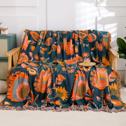 Snycler Boho Throw Blanket for Bed, 100% Organic Cotton Muslin Soft Throw-Orange Boho Floral Farmhouse Rustic Spring Summer Fall Decor Blanket for Couch Sofa Quilt and Gift, 60" x 80"