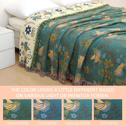 Boho Throw Blanket for Bed, 100% Pure Cotton Ultra Soft Rustic Quilt, Farmhouse Decor Bed Blankets, All Season Rustic Throw for Sofa Couch Chair(80''x 90'', Bird A)