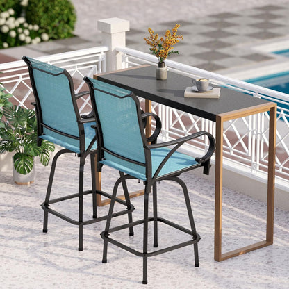 PHI VILLA 3 Piece Outdoor Bar Set, High Top Patio Bistro Table and Bar Chairs with Teal Textilene Fabric & Rustproof Metal Frame for Backyard, Balcony, Garden & Poolside