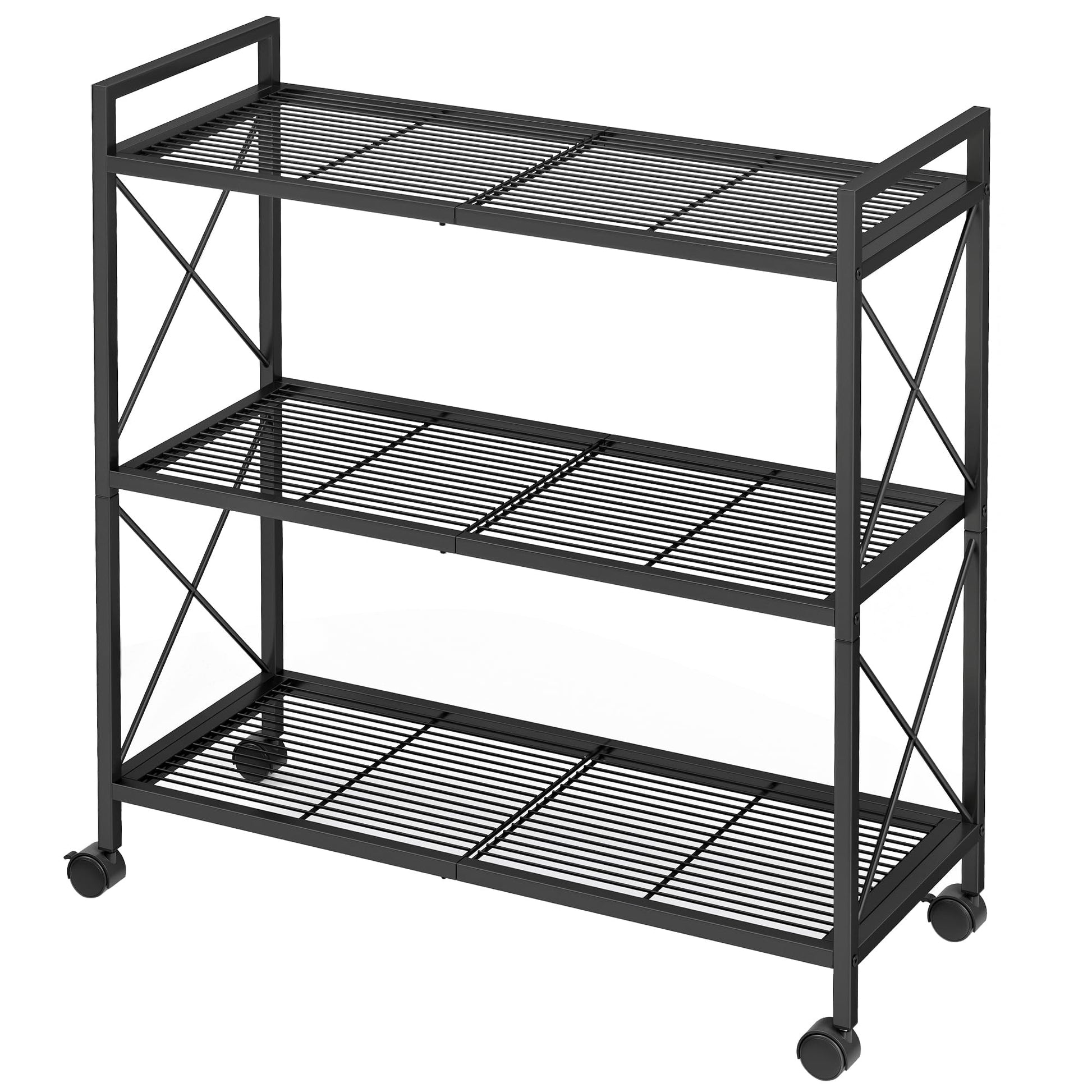 SONGMICS 3-Tier Metal Storage Rack with Wheels, Mesh Shelving Unit with X Side Frames, 31.5-Inch