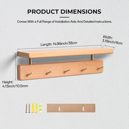 Shelf with Hooks, Solid Wood Bedroom Shelves for Wall, Wooden Coat Rack Wall Mount for Bathroom, Kitchen, Door Entryway (Beech, 38cm/14.96inch)