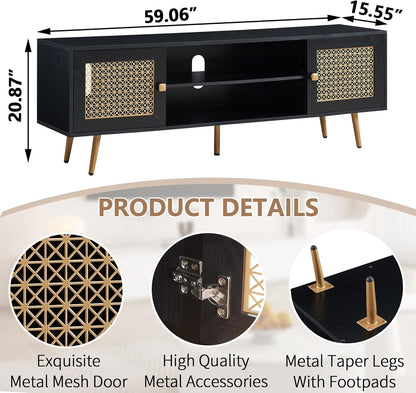 Mid Century Modern TV Stand for 65 inch TV, Entertainment Center with Storage, Metal Mesh Decorated Cabinet Doors for Living Room, Black