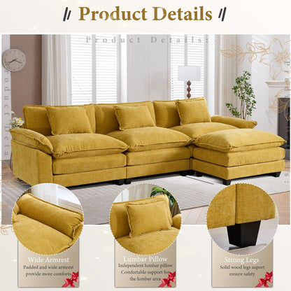 URRED Modular Sectional Sofa Comfy Cloud Couch, Modern Chenille Sofa Sleeper Deep Seat Couches with Ottoman/Pillows for Living Room (Yellow, 117''- L Shape)