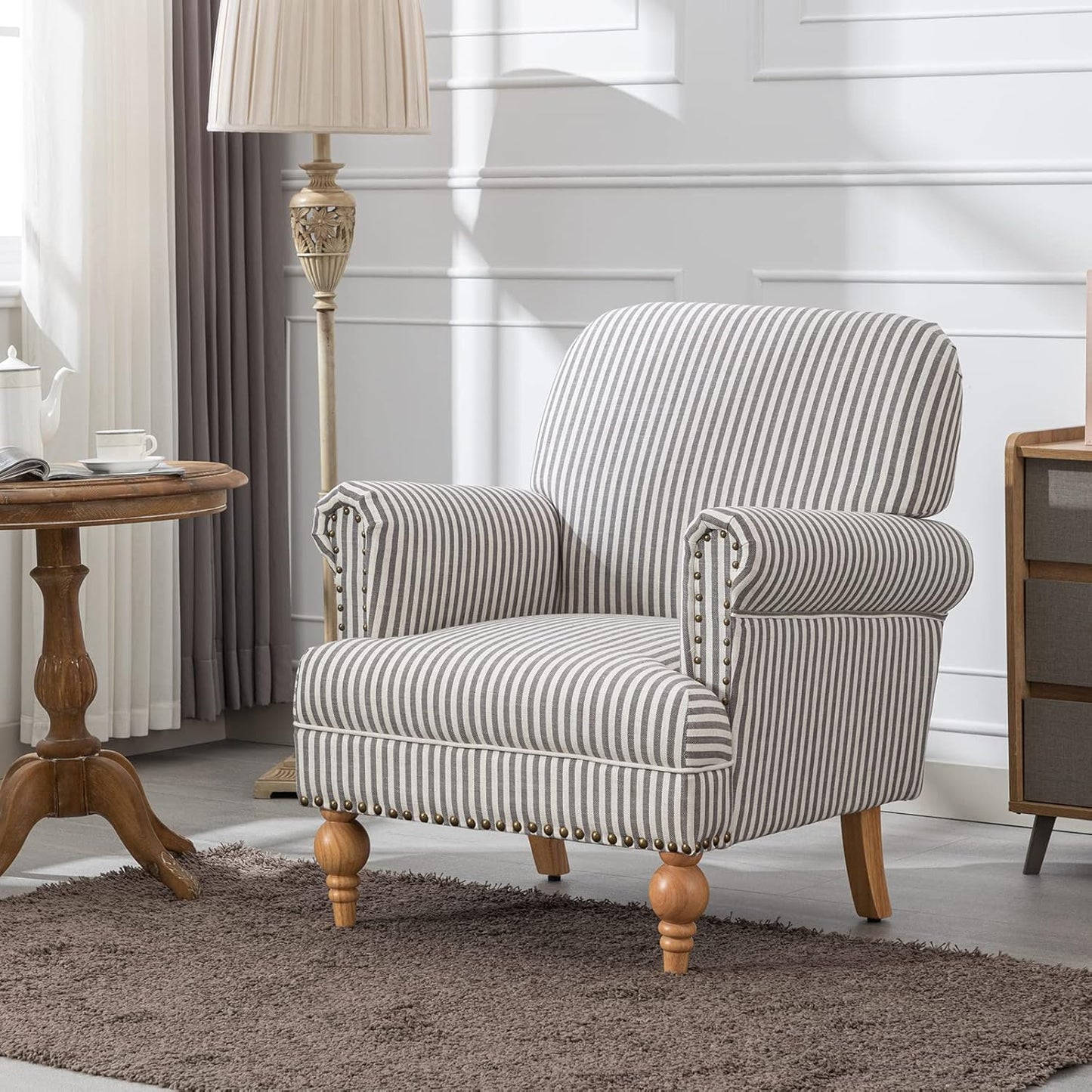 chairus Linen Accent Chair for Living Room Upholstered Mid Century Modern Single Sofa Chair with Solid Wood Legs Comfy Reading Chair Armchair for Bedroom/Office Room/Recption/Lounge, Black Stripe