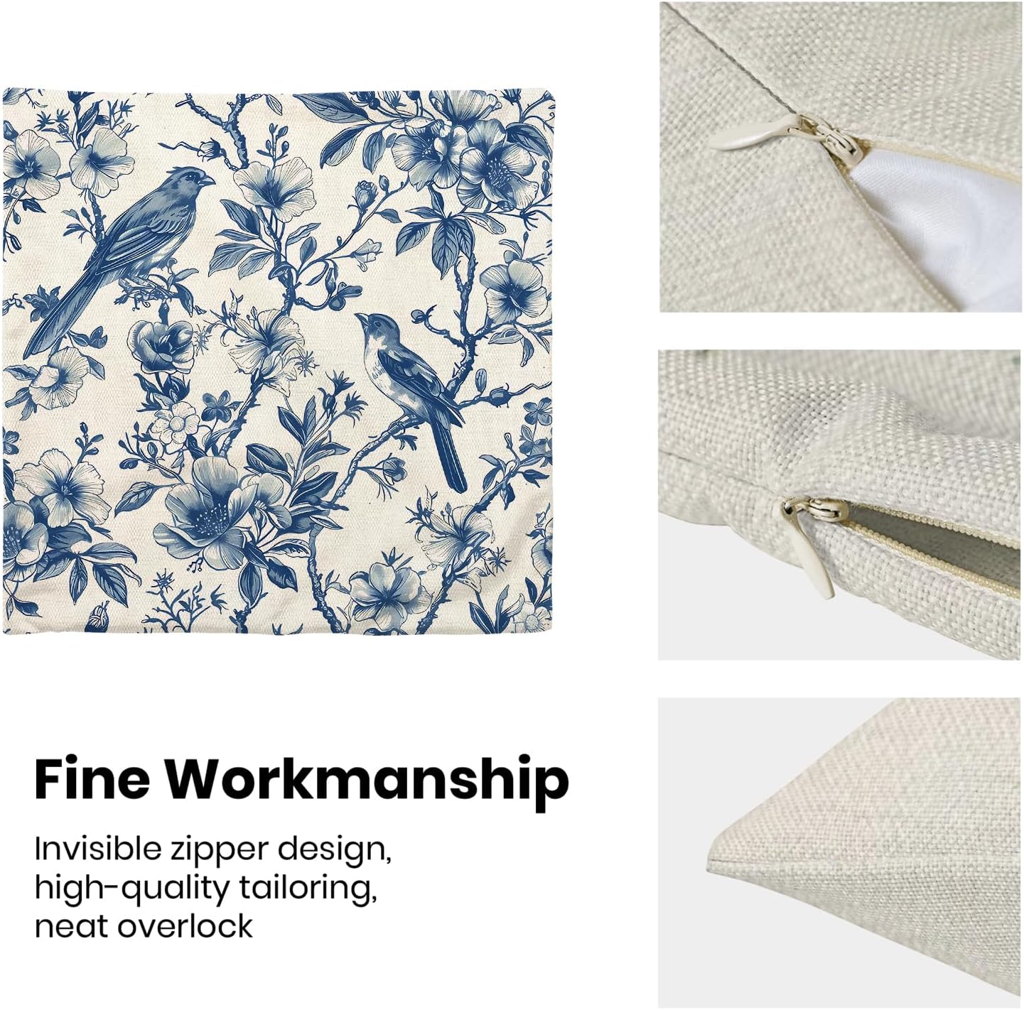 Navy Blue Spring Floral Pillow Covers 18 x 18 Inch Set of 2 for Chinoiserie Vintage Flowers Bird Decor Throw Pillows Plant Farmhouse Outdoor Decorative Cushion Cases for Couch Bed Decorations