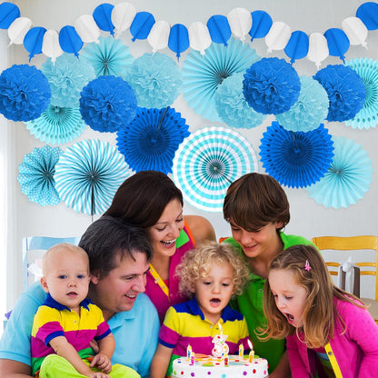 Party Decorations, Blue Papar Fans Pompoms Garlands for Men Boy Fathers Day Graduation Bachelorette Wedding Birthday Baby Showers Birthday Party Decoration