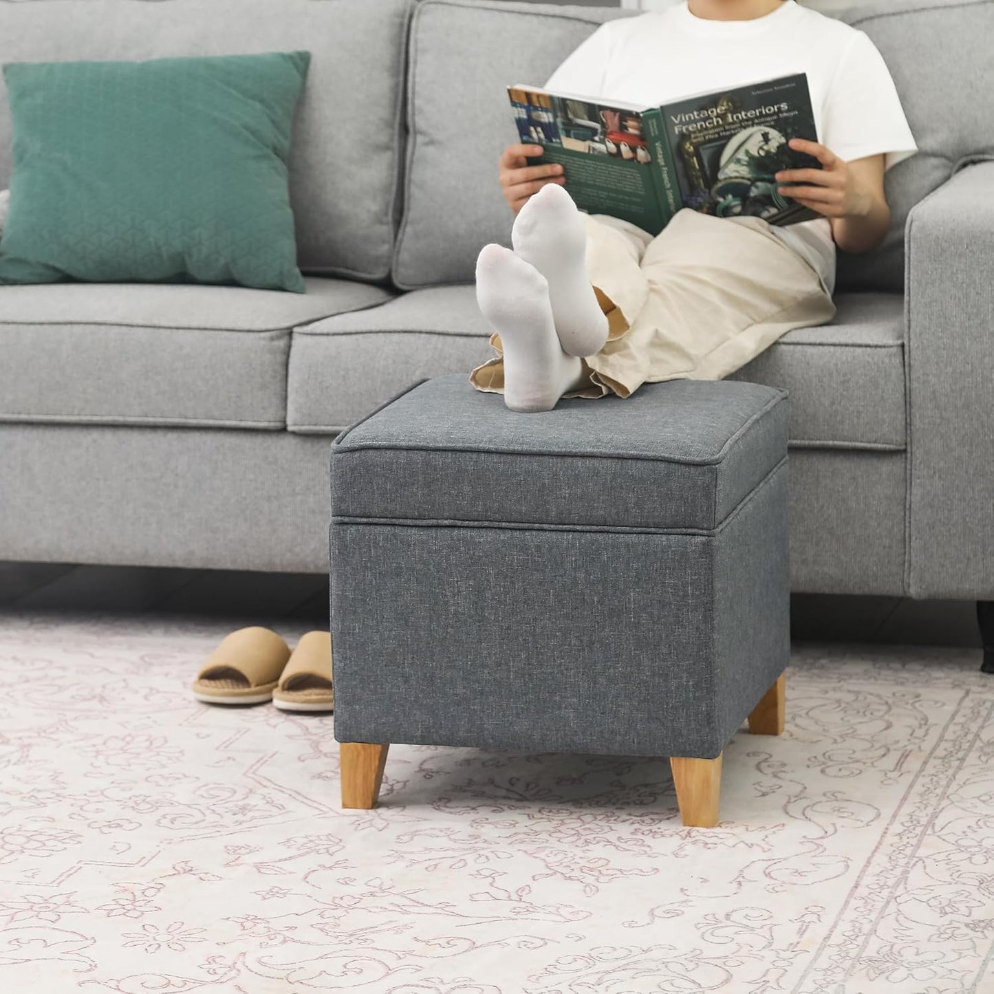 Adeco 17.5" Square Fabric Ottoman with Storage, Upholstered Cotton Linen Foot Rest, Flip Top Footstool, Small Cube Coffee Table Extra Seat for Living Room, Bedroom, Grey with Burlywood Legs