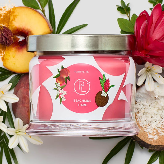 PartyLite Beachside Tiare Scented, Notes of Gardenia, Coconut, Red Hibiscus, Peach & Ylang Ylang