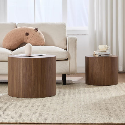 Round Coffee Tables Side Table Set of 2, Wood Nesting End Table for Living Room Balcony Office, Walnut Wooden Color, No Assembling