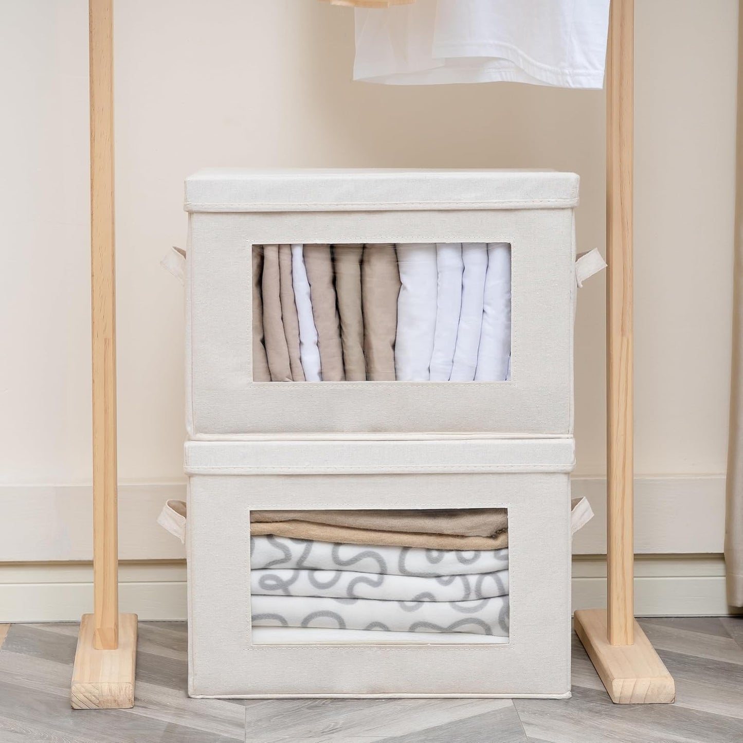 Citylife 4-Pack Storage Bins with Lids, Fabric Foldable Storage Bins with Soft Cord Handles, Cube Closet Storage Baskets with Lids, Organizers for Organizing Clothes and Books, Beige