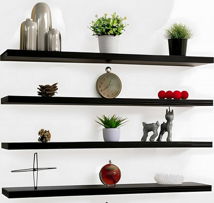 Wood Floating Shelves for Wall Decor, Rustic Wall Shelves for Bedroom Bathroom Kitchen Living Room, Set of 4 Black 48 Inch