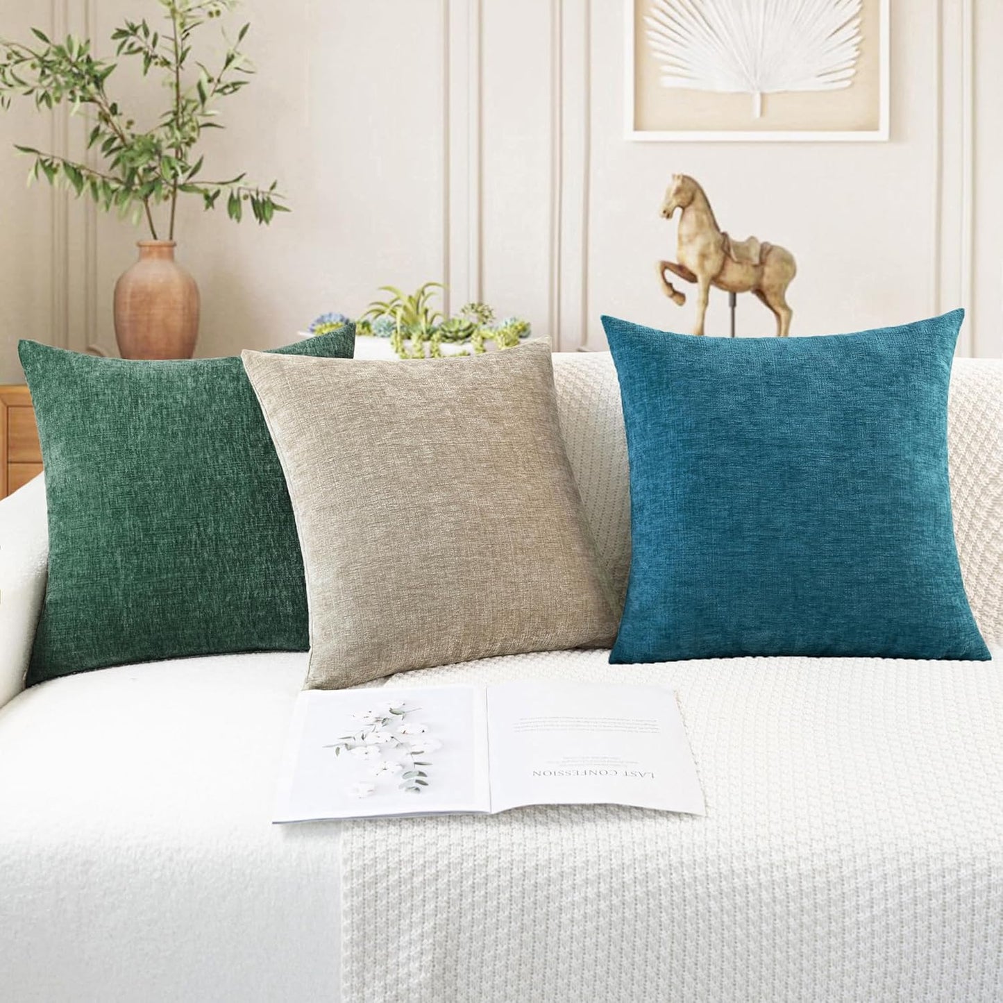 CaliTime Throw Pillow Covers Decorative 16 X 16 Inches Pack of 2 Cozy Chenille Cushion Cases for Couch Sofa Bed Living Room Home Light Taupe