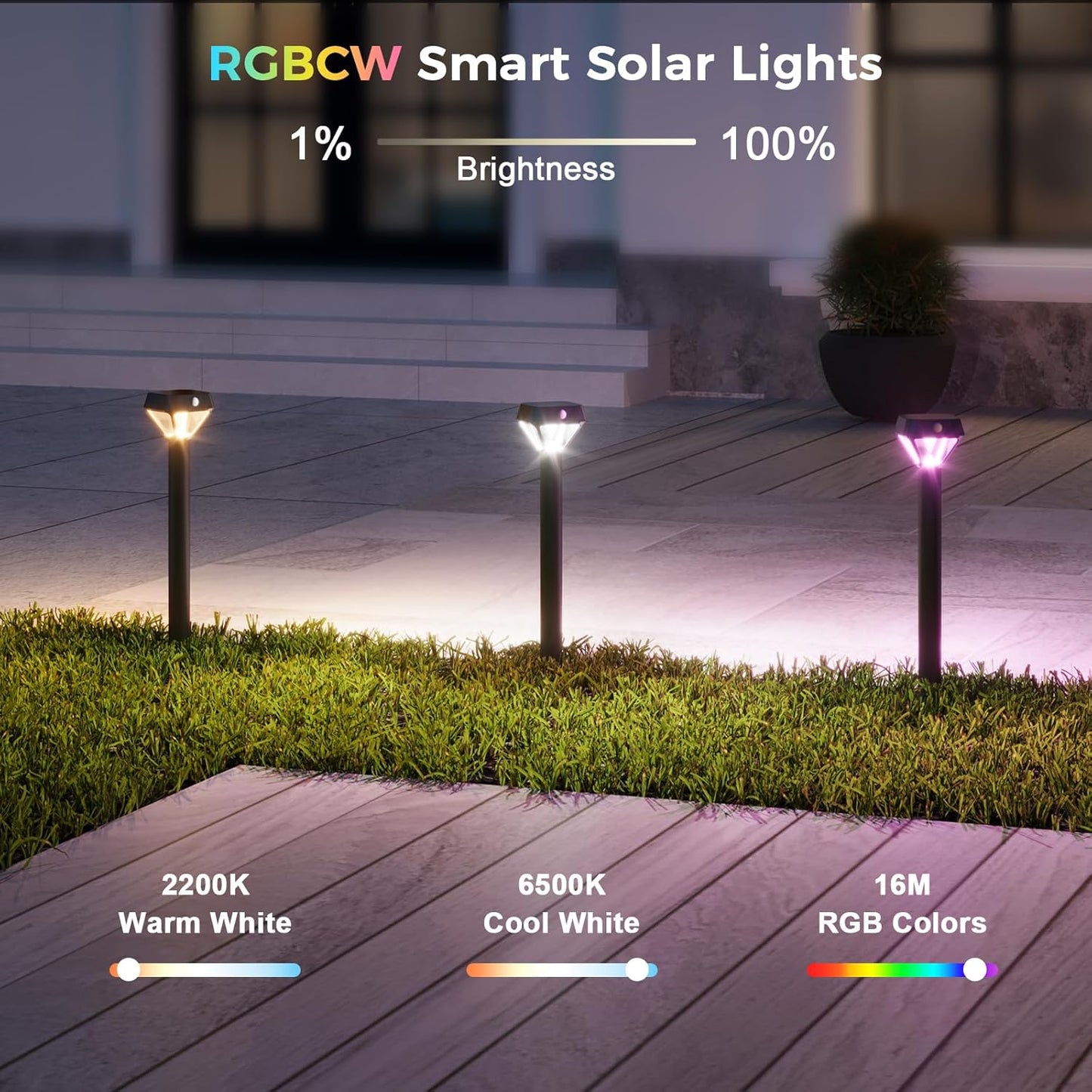 XMCOSY+ Smart Pathway Lights Solar Powered, 150LM Solar Motion Lights Outdoor Waterproof with APP Control, Works with Alexa RGBCW Color Changing Garden Light for Yard Walkway Driveway Pathway, 6 Pack