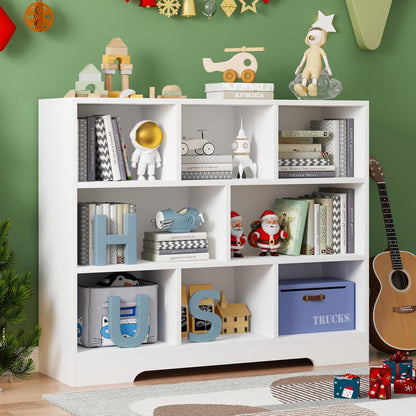 Book Shelf, 8 Cubes Storage Organizer, 3-Tier Open Shelf Wooden Bookcase, Freestanding White Bookshelf Cube Shelf for Bedroom, Living Room, Home Office