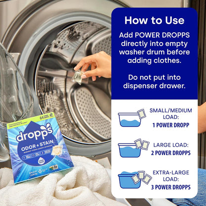 Dropps Odor & Stain Biobased Power Laundry Detergent Pods, Orange Blossom (64 Pods) - HE Compatible Laundry Pods for Fresh Clothes – Laundry Soap Supplies & Recyclable Paperboard Packaging
