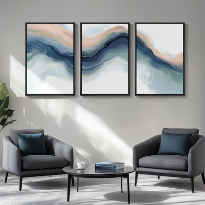 Large Framed Blue Abstract Landscape Wall Art for Living Room, 3 Piece Bright Pastel Canvas Prints Paintings, Modern Minimalist Artwork Watercolor Pictures for Bedroom, Hallway Wall Decor 24x36 In