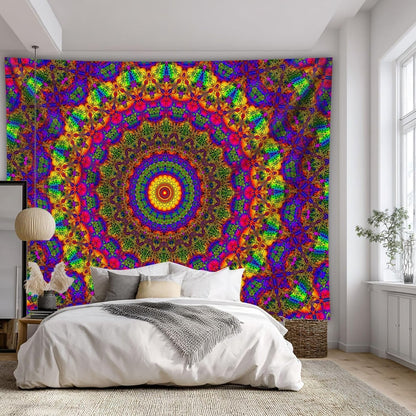 PSYHILAR Blacklight Mandala Boho Tapestry, Black Light Bohemian Hippie Poster for Adults and Teens, Aesthetic Colorful UV Reactive Wall Art Decor for Bedroom (90 x 70 Inches)
