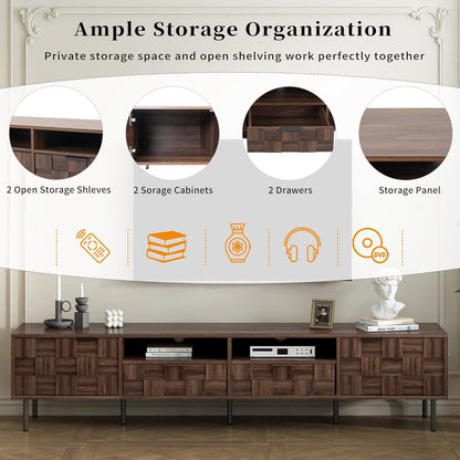 Modern TV Stand for TVs up to 85", Mid-Century Media Console with Checkered Cabinet Doors, Storage Drawers & Open Shelves, Wood Entertainment Center with Metal Legs