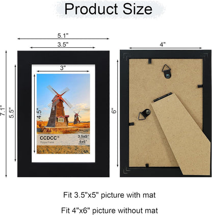 4x6 Picture Frame Set of 4, 4 x 6 Wood Photo Frames with Mat for 3.5x5, Wooden Frame with Real Glass Cover for Wall and Tabletop Display,Black