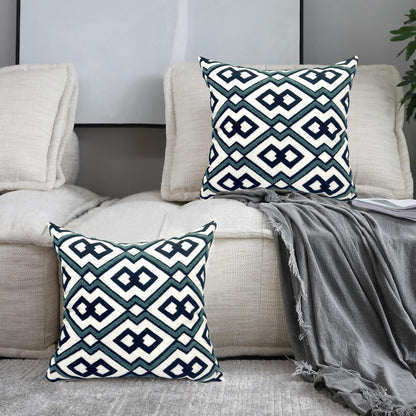 Alysheer Embroidered Decorative Throw Pillow Cover 18"x 18" Set of 2, Classic Boho Geometric Embroidery Pattern Cotton Square Cushion Case for Sofa Couch Living Room Bedroom (Navy Aqua)