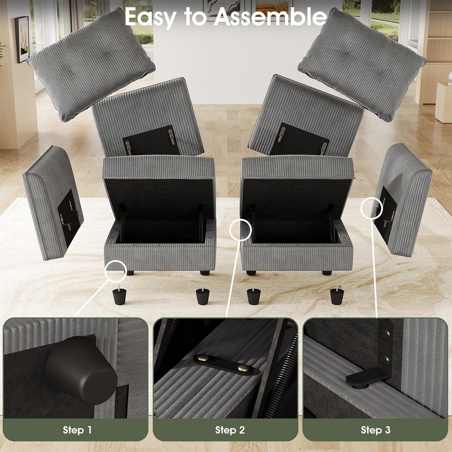 LLappuil Modular Sectional Sofa with Storage Seats, Corduroy Convertible Modular U Shaped Sectional Couch for Living Room, 6 Seat Oversized Sofa with 6 Back Cushion 6 Throw Pillow, Grey