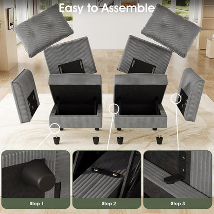 LLappuil Modular Sectional Sofa with Storage Seats, Corduroy Convertible Modular U Shaped Sectional Couch for Living Room, 6 Seat Oversized Sofa with 5 Back Cushion 5 Throw Pillow, Grey