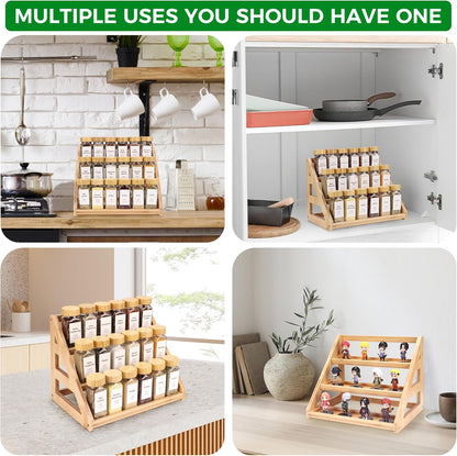 3-Tier Natural Bamboo Spice Rack Organizer - for Kitchen Cabinets, Countertops & Pantries - Space-Saving Tiered Shelf