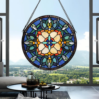 Handcrafted Stained Glass Window Panel - 12-Inch Round Floral Design with Vibrant Colors, Elegant Decorative Hanging Art for Home Décor, Includes 20-Inch Chain & Hook (Blue iris)