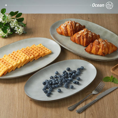 famiware Serving Platter, Oval 15.59/14.3/12.9inch Serving Dishes for Entertaining, Serving Bowls, Reactive Glaze, Stoneware Serving Trays for Party, Food, Turkey, Cheese, Ocean Series, Grey