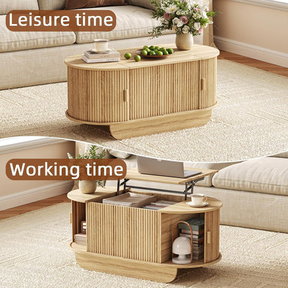 Fluted TV Stand and Coffee Table Set of 2,86.61'' TV Console for 55-85 Inch,Modern Entertainment Center with Large Storage Cabinet,Lift Top Coffee Table for Living Room, Bedroom, Natural