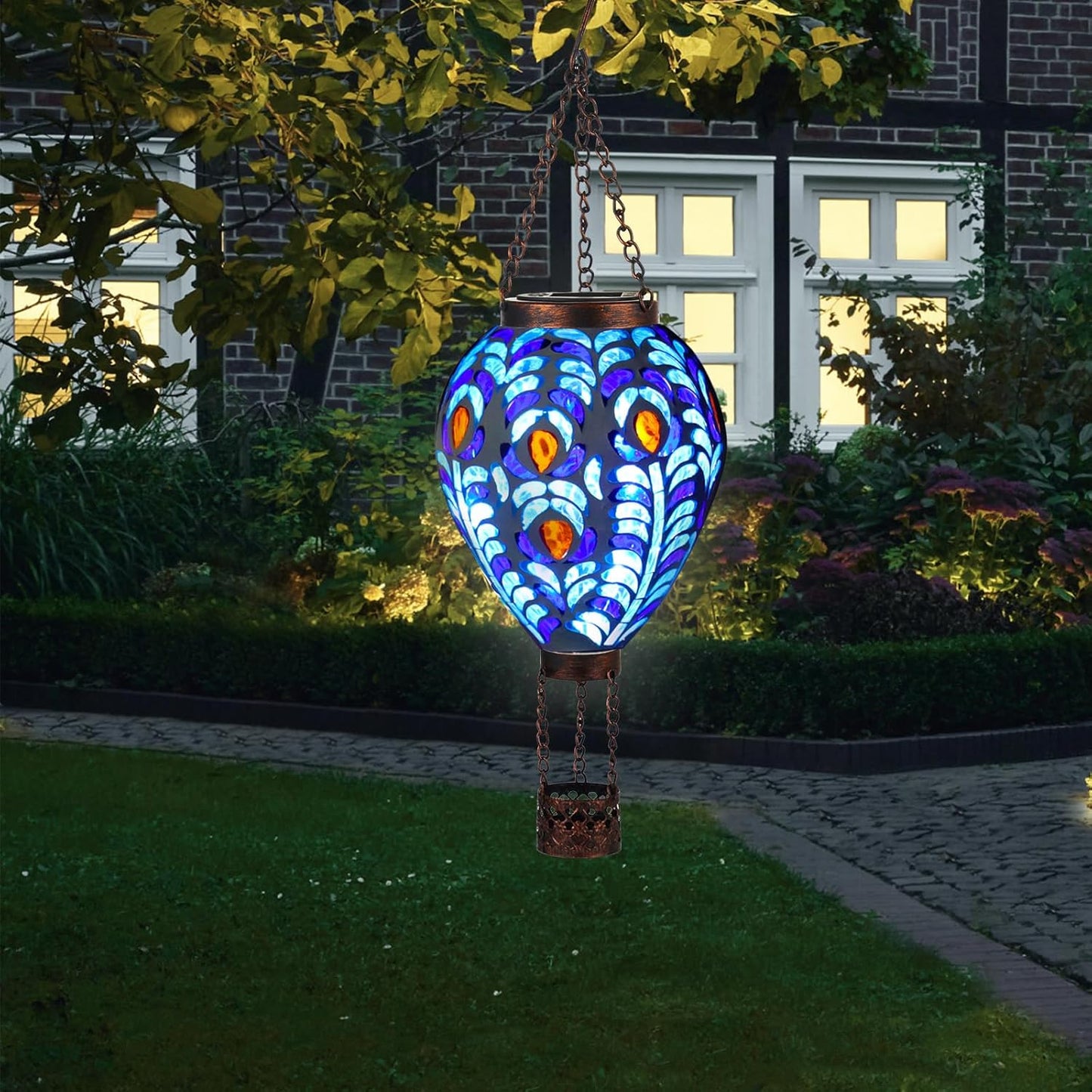 VOREEN Hot Air Balloon Solar Lantern, Mosaic Solar Outdoor Hanging Wind Light, Waterproof, Patio Festive Decor, Gift for Mom Wife Friend, Peacock Feather Design